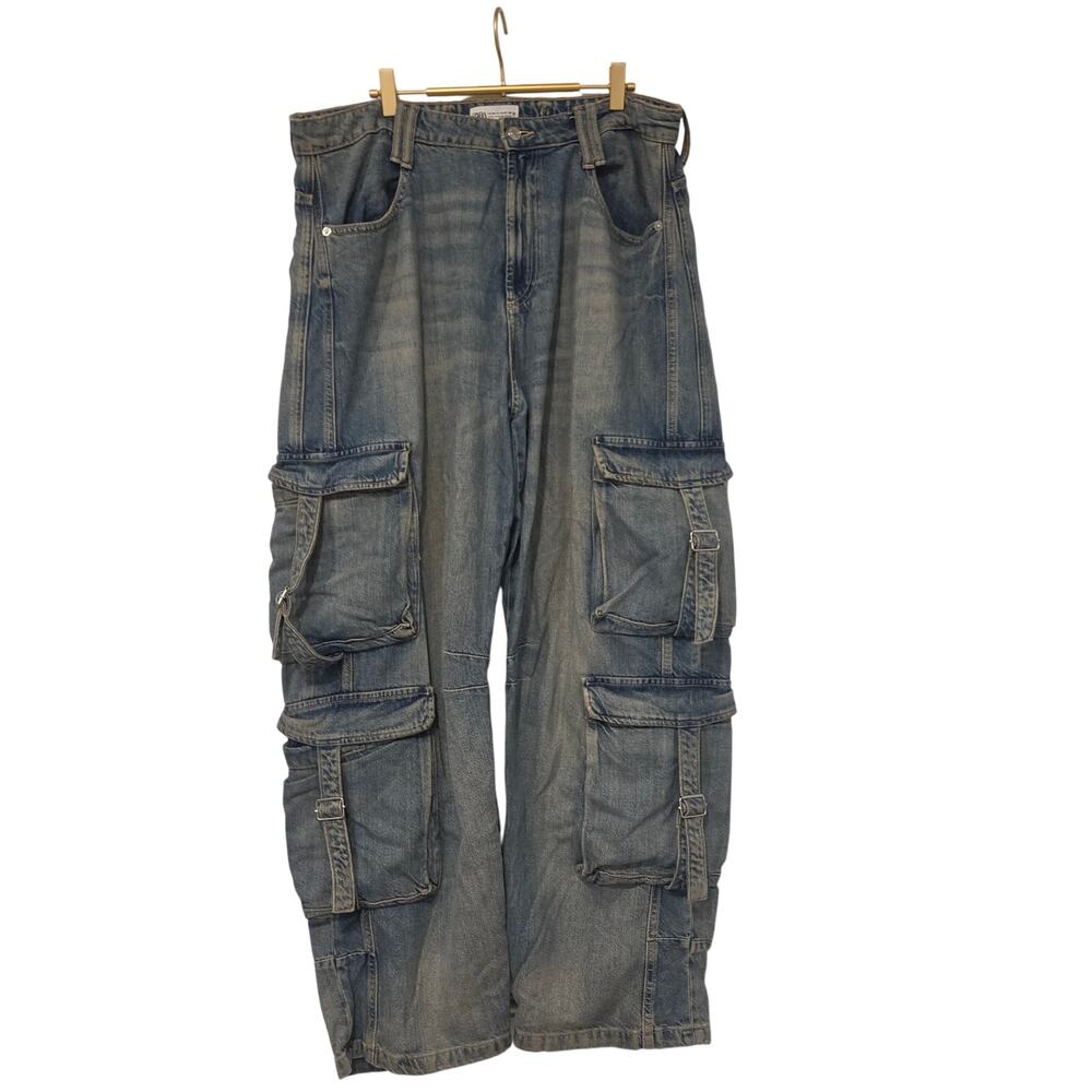 Zara high rise wide leg utility cargo jeans size 14